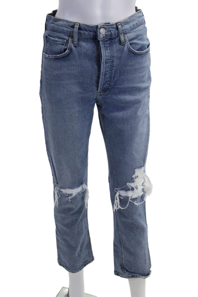 Agolde Unisex Cropped Straight High Rise Jeans Blue Button Closure Size 27