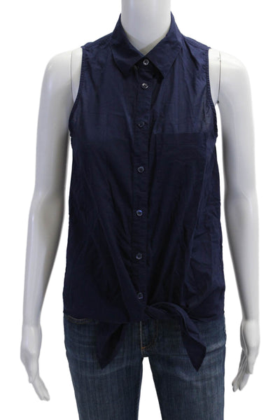 Equipment Femme Women Collared Sleeveless Button Up Cotton Tank DarkBlue Size XS