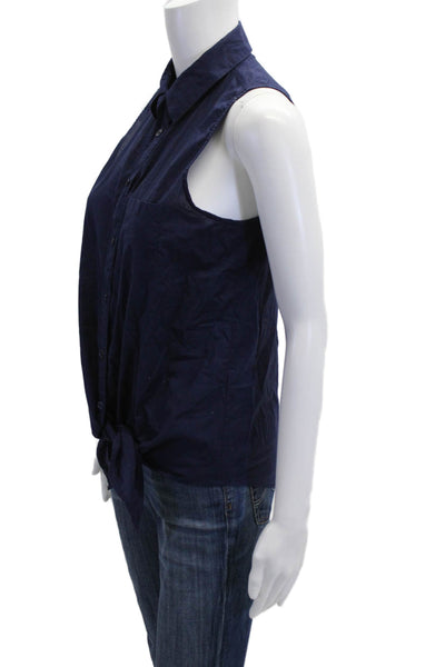 Equipment Femme Women Collared Sleeveless Button Up Cotton Tank DarkBlue Size XS