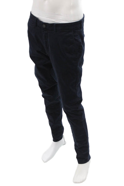 Zara Man Mens Chino Pants Dark Blue Cotton Blend Button Solid Size 32