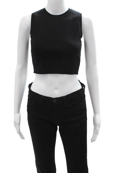 Zara Womens Cropped Tank Black Sleeveless Crew Neck Button Viscose Size M