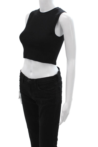 Zara Womens Cropped Tank Black Sleeveless Crew Neck Button Viscose Size M