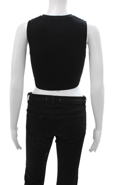 Zara Womens Cropped Tank Black Sleeveless Crew Neck Button Viscose Size M