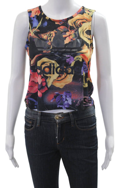 Adidas Womens Cropped Floral Tank Black Polyester Round Neck Sleeveless Size L