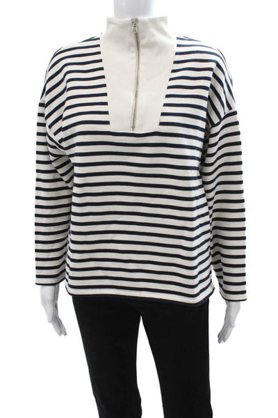 Zara Unisex Dark Blue Striped Mock Neck Zip Pullover Sweater Size S