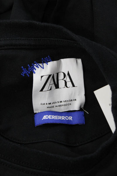 Zara Unisex T-Shirt Black Graphic Cotton Crew Neck 3/4 Sleeve Size S