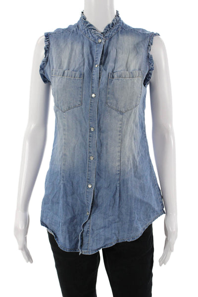 Baci Women Bohemian Sleeveless High Neck Button Up Blue Tencel Top Size S