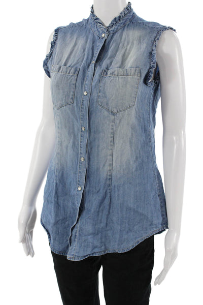 Baci Women Bohemian Sleeveless High Neck Button Up Blue Tencel Top Size S