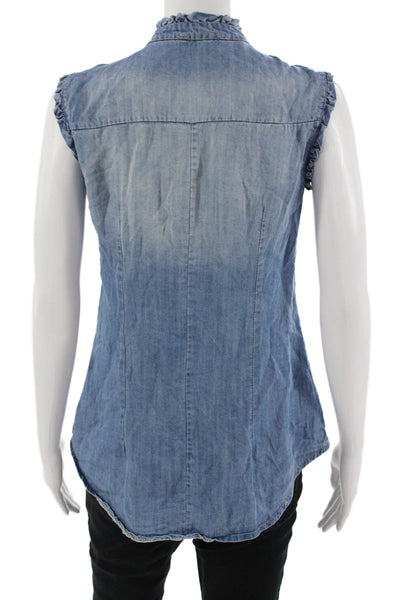 Baci Women Bohemian Sleeveless High Neck Button Up Blue Tencel Top Size S