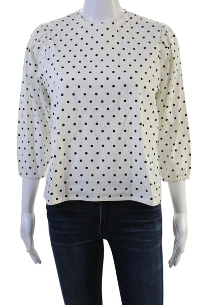 Designer Women White Polka Dot Crew Neck 3/4 Sleeve Zip Basic Blouse Size 18