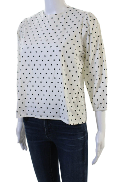 Designer Women White Polka Dot Crew Neck 3/4 Sleeve Zip Basic Blouse Size 18