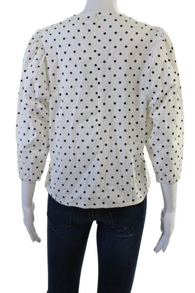 Designer Women White Polka Dot Crew Neck 3/4 Sleeve Zip Basic Blouse Size 18