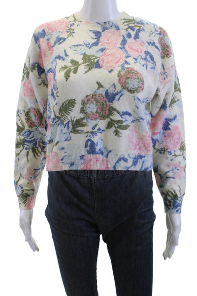 Zara Women Floral Pullover Sweater White Crew Neck Long Sleeve Size M