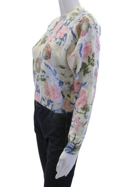 Zara Women Floral Pullover Sweater White Crew Neck Long Sleeve Size M