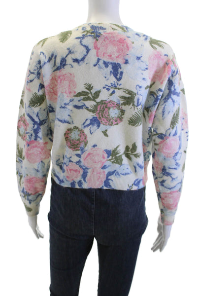 Zara Women Floral Pullover Sweater White Crew Neck Long Sleeve Size M