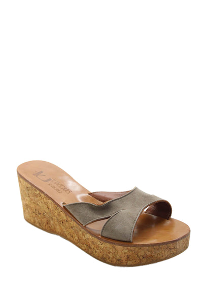 Kjaques St. Tropez Women's Suede Open Toe Cork Wedge Heel Sandals Breige Size 40
