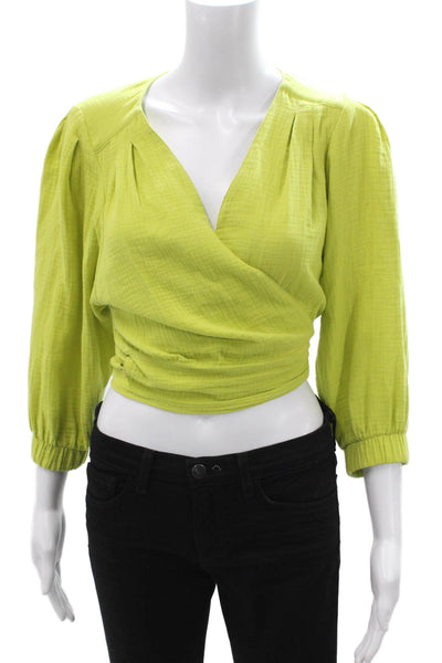 Smythe Womens Cropped V-Neck Cotton Blouse 3/4 Sleeve Green Petite Size S