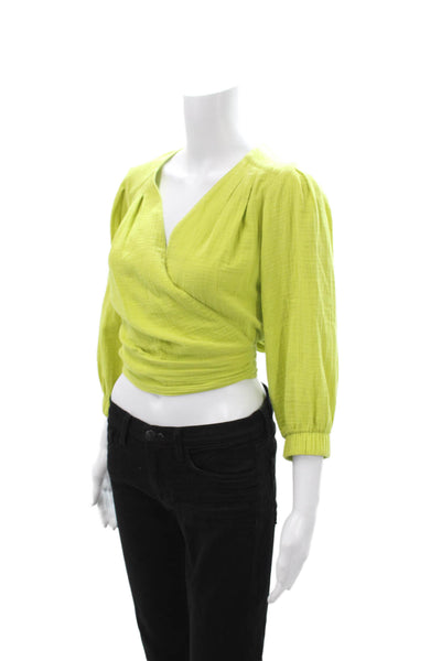 Smythe Womens Cropped V-Neck Cotton Blouse 3/4 Sleeve Green Petite Size S