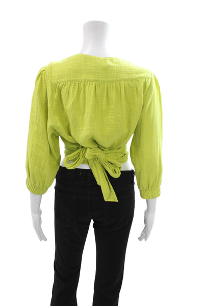Smythe Womens Cropped V-Neck Cotton Blouse 3/4 Sleeve Green Petite Size S