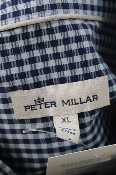 Peter Millar Mens Button-Down Dress Shirt Dark Blue Check Long Sleeve Size XL