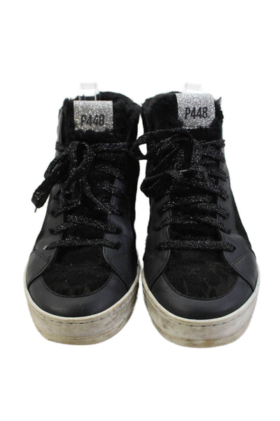 P448 Womens Suede Animal Print Lace-Up High-Top Sneakers Black Size 9