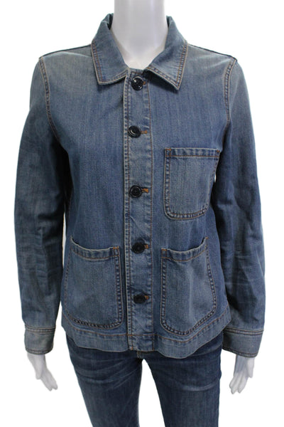 J Crew Women Collared Button Solid Blue Jacket Size S