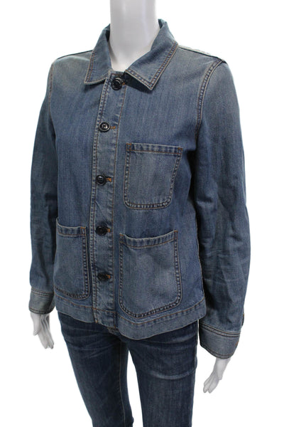 J Crew Women Collared Button Solid Blue Jacket Size S