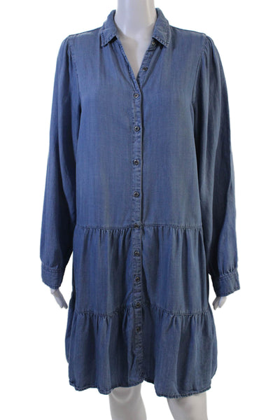 Saks Fifth Avenue Women Shirt Dress Blue Long Sleeve Collared Button Size M
