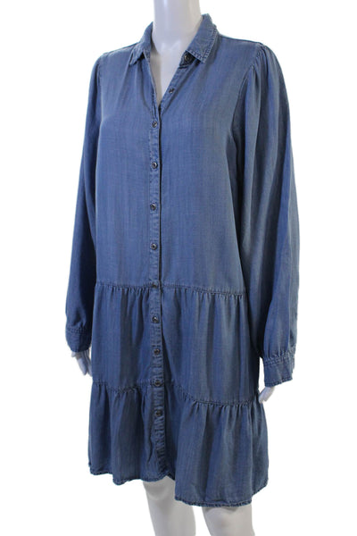 Saks Fifth Avenue Women Shirt Dress Blue Long Sleeve Collared Button Size M
