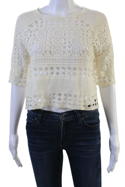 Topshop Womens Cropped Cotton Blouse Beige 3/4 Sleeve Crewneck Button Size 4