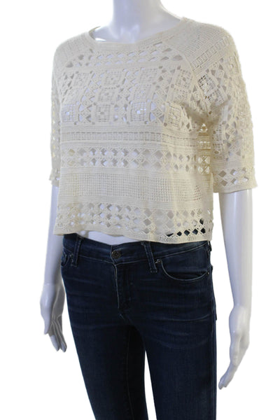 Topshop Womens Cropped Cotton Blouse Beige 3/4 Sleeve Crewneck Button Size 4