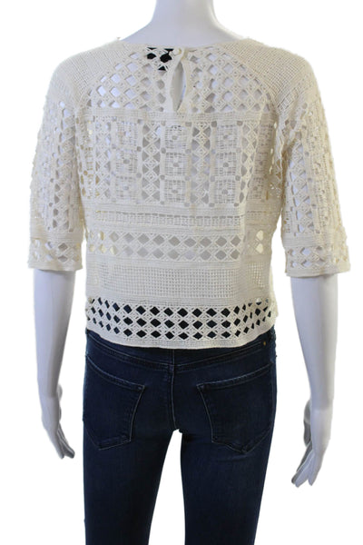 Topshop Womens Cropped Cotton Blouse Beige 3/4 Sleeve Crewneck Button Size 4