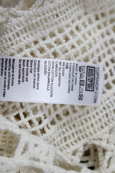 Topshop Womens Cropped Cotton Blouse Beige 3/4 Sleeve Crewneck Button Size 4