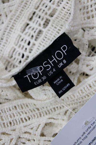 Topshop Womens Cropped Cotton Blouse Beige 3/4 Sleeve Crewneck Button Size 4