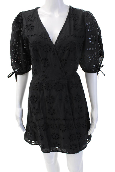 Chaser Womens Mini Wrap Dress Black Floral VNeck 3/4 Sleeve 100% Cotton Size XS