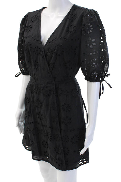 Chaser Womens Mini Wrap Dress Black Floral VNeck 3/4 Sleeve 100% Cotton Size XS