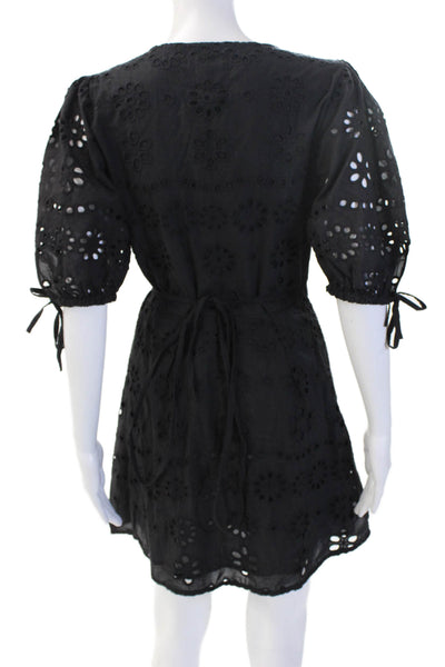 Chaser Womens Mini Wrap Dress Black Floral VNeck 3/4 Sleeve 100% Cotton Size XS