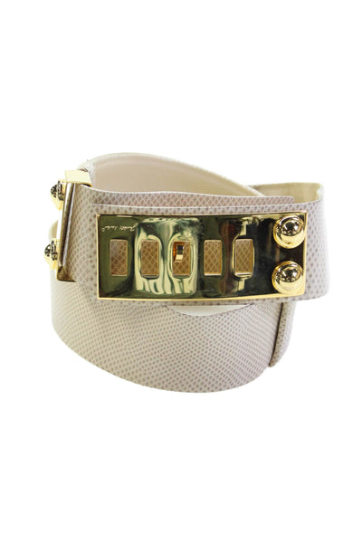Judith Leiber Embossed Leather Turn Lock Adjustable Belt Beige Size M