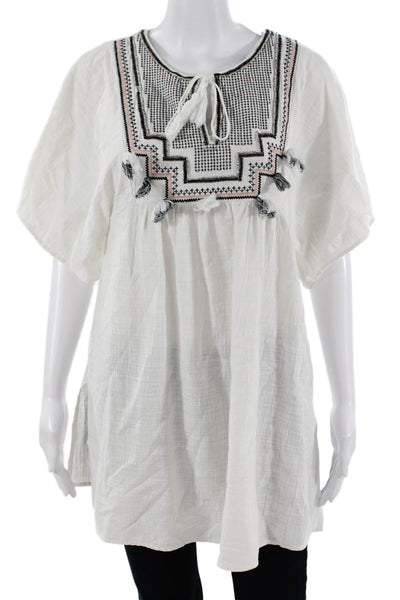 J Crew Women Tunic White Cotton Short Sleeve Geometric Round Neck Size S