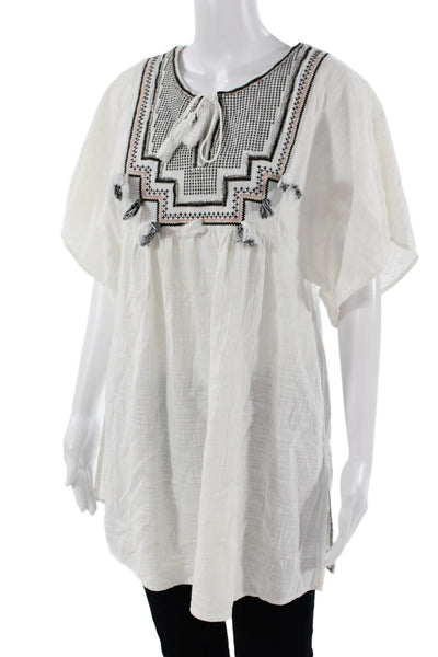 J Crew Women Tunic White Cotton Short Sleeve Geometric Round Neck Size S