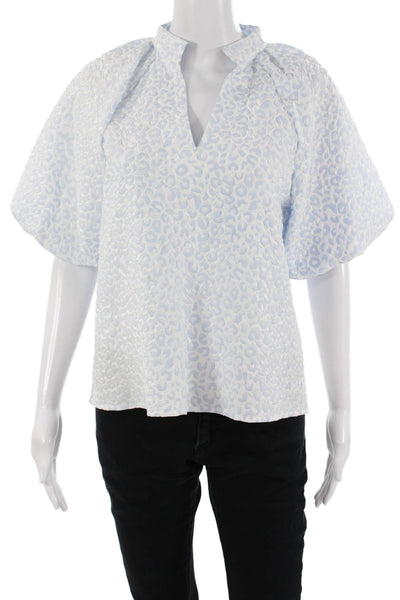 Libby Kat Womens Light Blue Leopard V-Neck Short Sleeve Blouse Polyester Size S