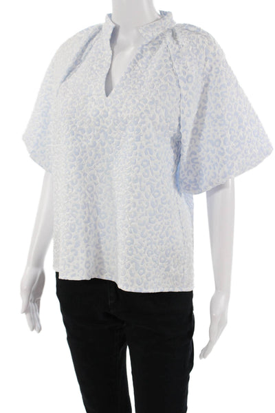Libby Kat Womens Light Blue Leopard V-Neck Short Sleeve Blouse Polyester Size S