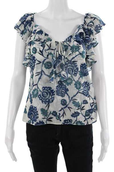 Misa Womens Sleeveless Floral V-Neck Bohemian Blouse White Drawstring Size S