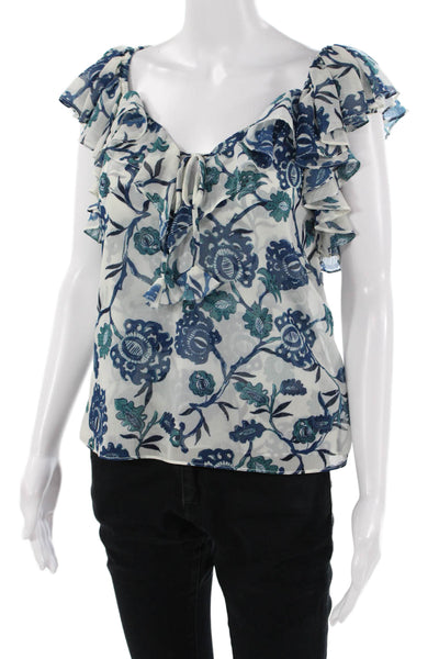 Misa Womens Sleeveless Floral V-Neck Bohemian Blouse White Drawstring Size S
