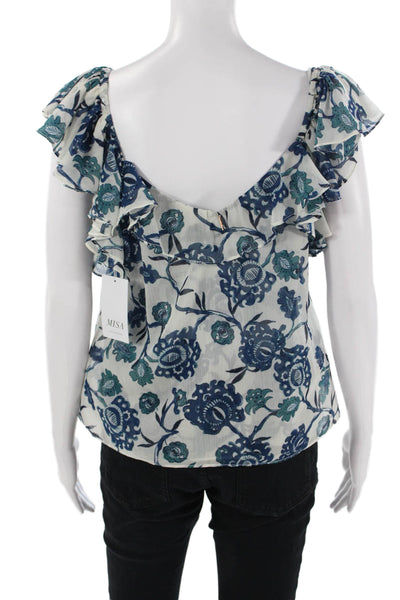 Misa Womens Sleeveless Floral V-Neck Bohemian Blouse White Drawstring Size S