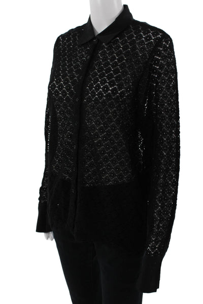 Sundays Womens Black Floral Collared Button-Up Long Sleeve Blouse Size S
