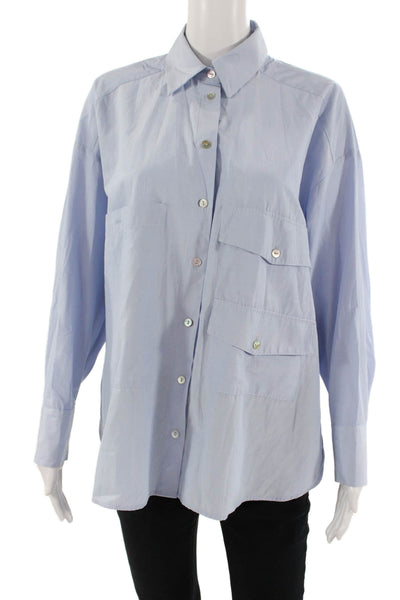 Zara Women Collared Army Button-Up Long Sleeve Light Blue Cotton Blend Size XS