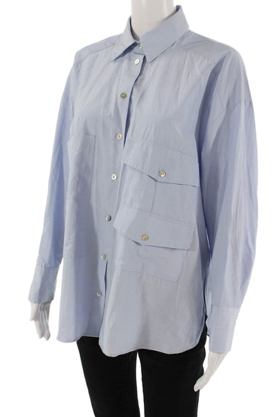Zara Women Collared Army Button-Up Long Sleeve Light Blue Cotton Blend Size XS