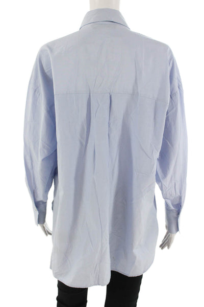 Zara Women Collared Army Button-Up Long Sleeve Light Blue Cotton Blend Size XS