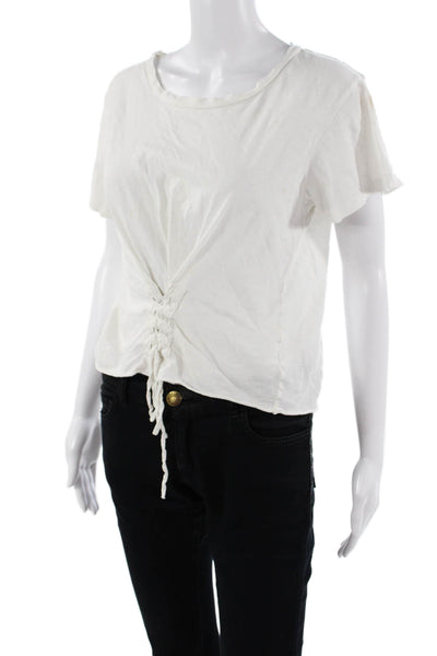 LNA Womens Cropped T-Shirt White Cotton Crew Short Sleeve Drawstring Size M